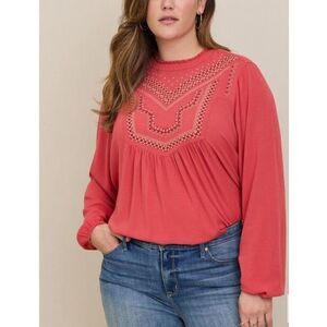 Torrid Womens Plus Size 1X Embroidered Long Sleeve Ruffle Mock‎ Neck Top
